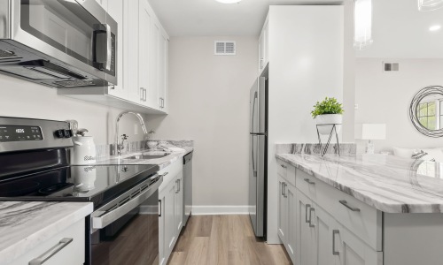 kitchen with stainless steel appliances and white cupboards