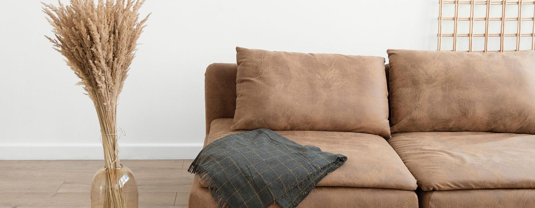 living room with a throw on a couch beside a large floor vase with a plant in it